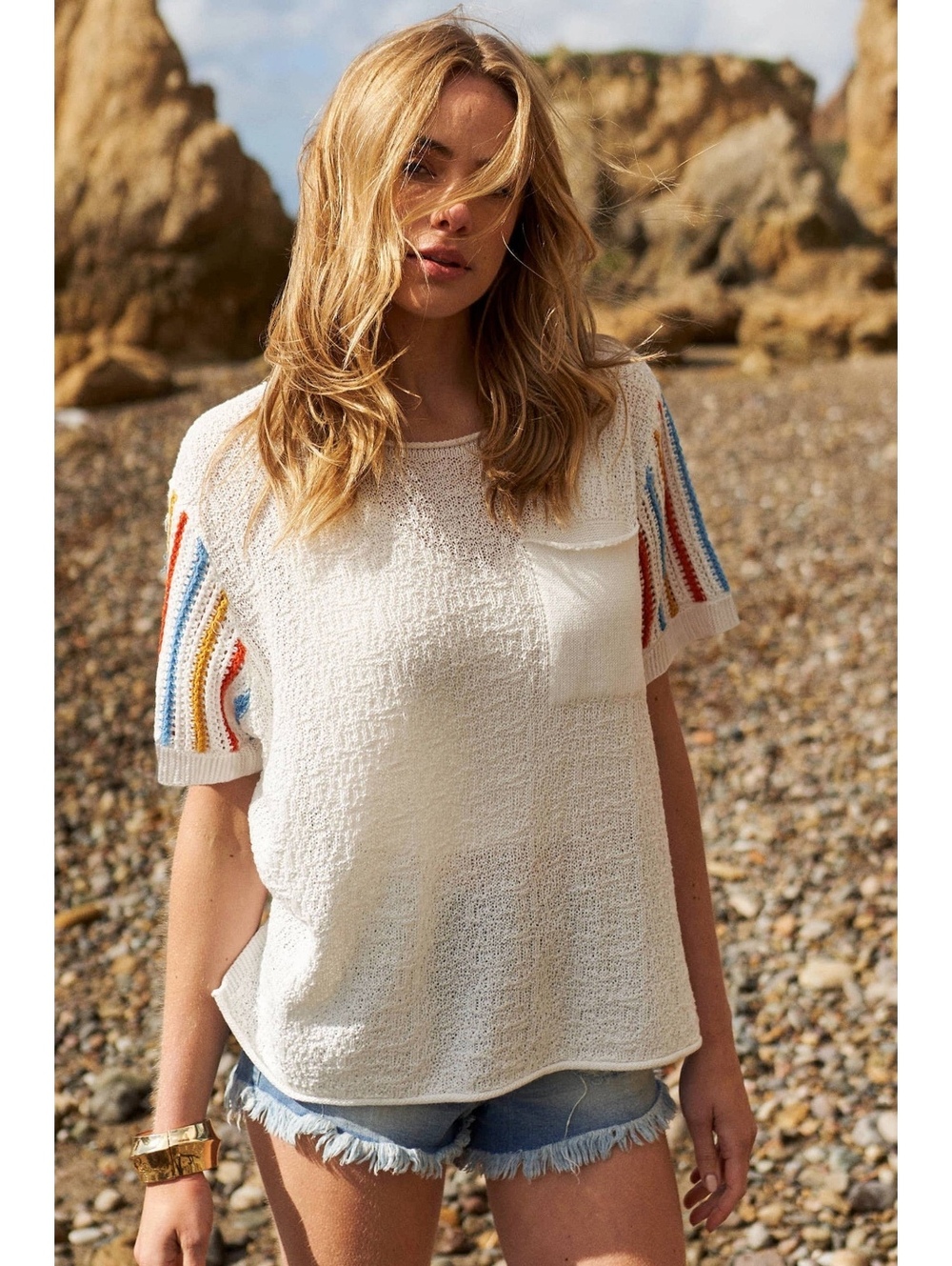Mello Los Angeles Ivory Open Knit Striped Sleeve Top Medium